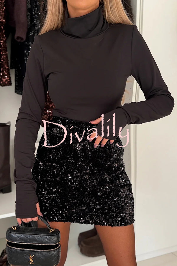 Polished Uptown Velvet Sequin High Rise Elastic Waist Mini Skirt