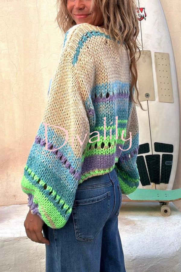 Rainbow Mood Multicolor Round Neck Hollow Long Sleeve Knitted Sweater