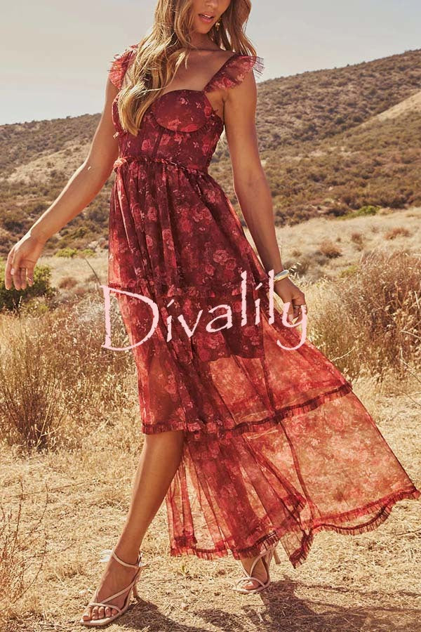 Romantic and Elegant Mesh Floral Back Smocked Tiered Ruffle Maxi Dress