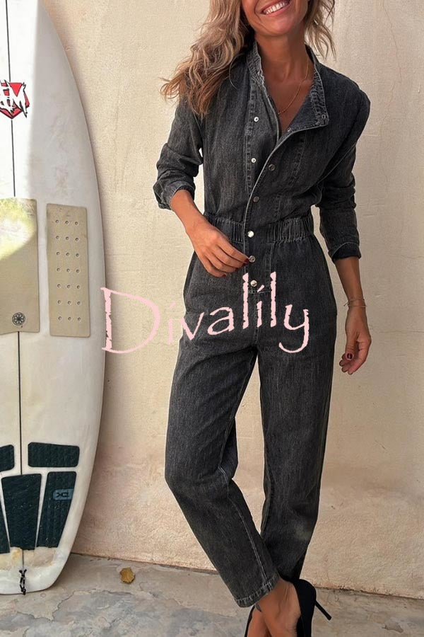 Carey Denim Button Up Long Sleeve Elastic Waist Pocketed Loose Jumpsuit