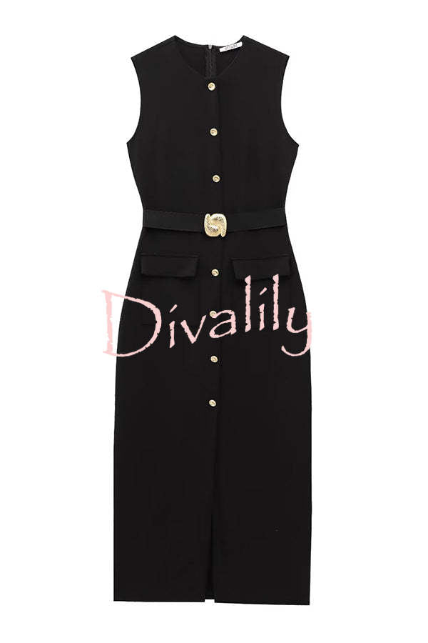 Danina Button Up Sleeveless Metal Belted Pocket Stretch Midi Dress