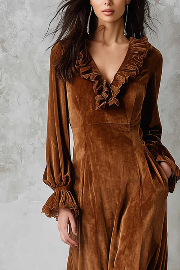 Fashionable Velvet Lace Patchwork V-neck Ruffle Midi Dress