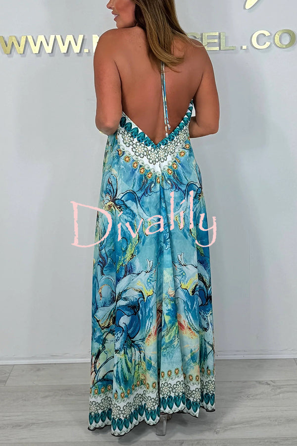 Unique Print V-neck Open Back Loose Maxi Dress