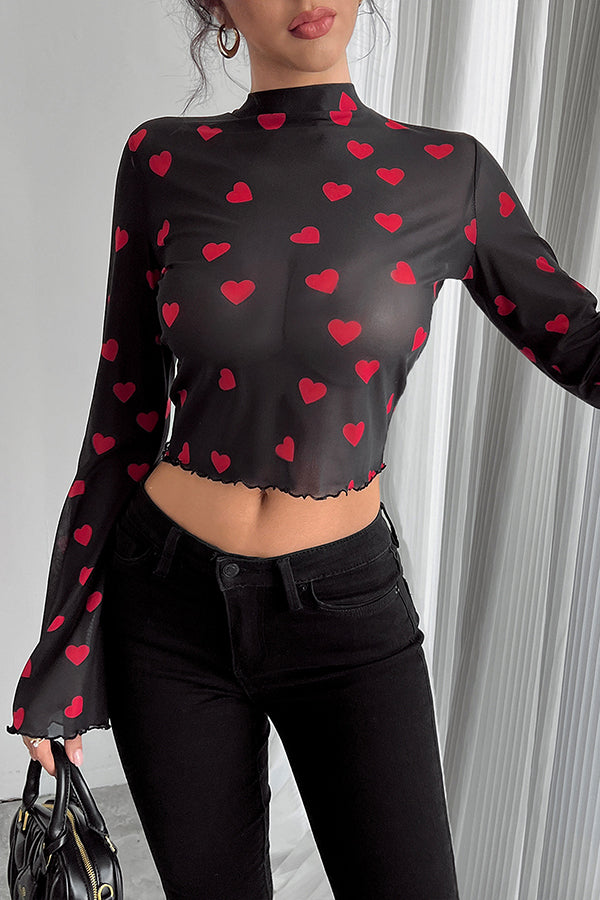 Unique Printed Mesh Trumpet Sleeve Slim Fit Top
