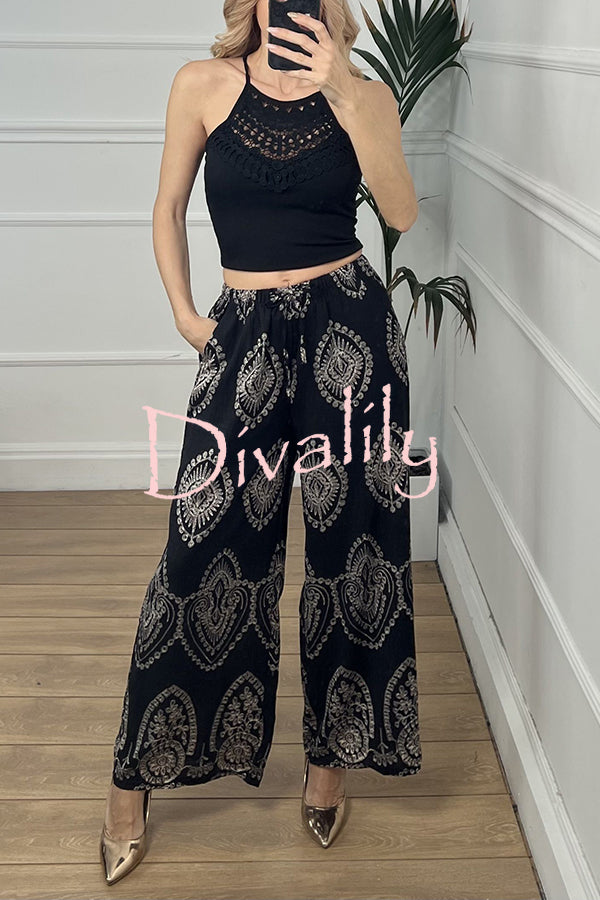 Unique Print Elastic Waist Casual Pocket Wide Leg Pants