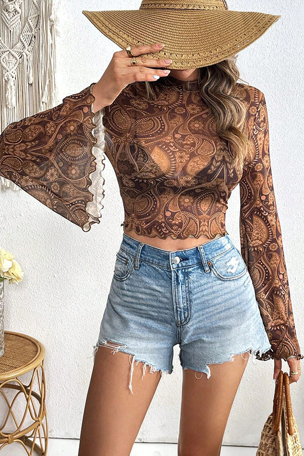 Unique Printed Mesh Trumpet Sleeve Slim Fit Top