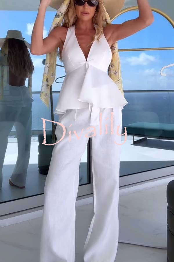 Sakai Linen Blend Bow Ruffle Hem Halter Top and High Rise Pocket Wide Leg Pants Set