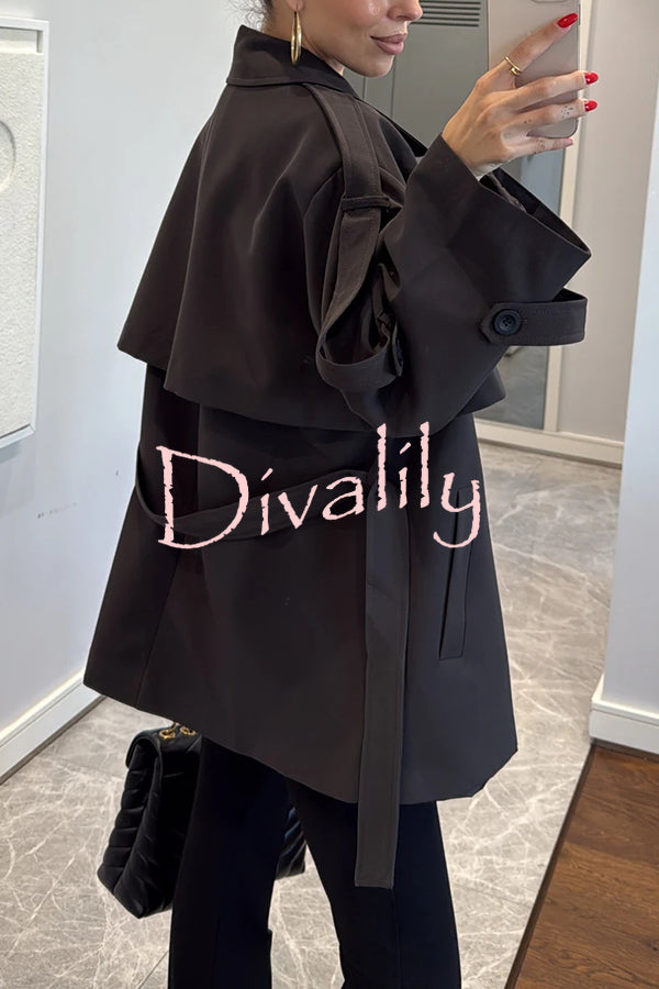 Modern Urban Dropped Shoulder Strap Button Detail Belted Lapel Loose Trench Coat