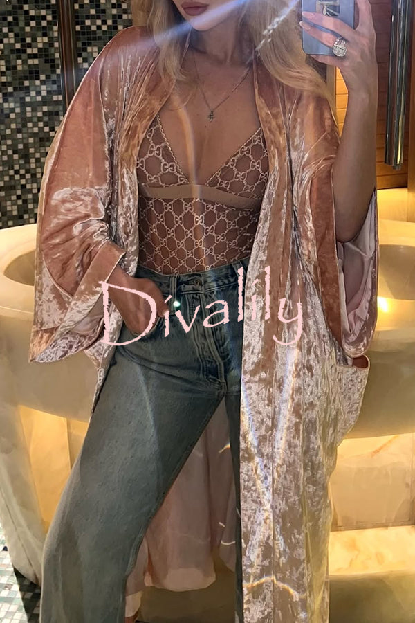 Gorgeous Glossy Velvet Long Bell Sleeve Tie-up Pocket Midi Kimono Coat