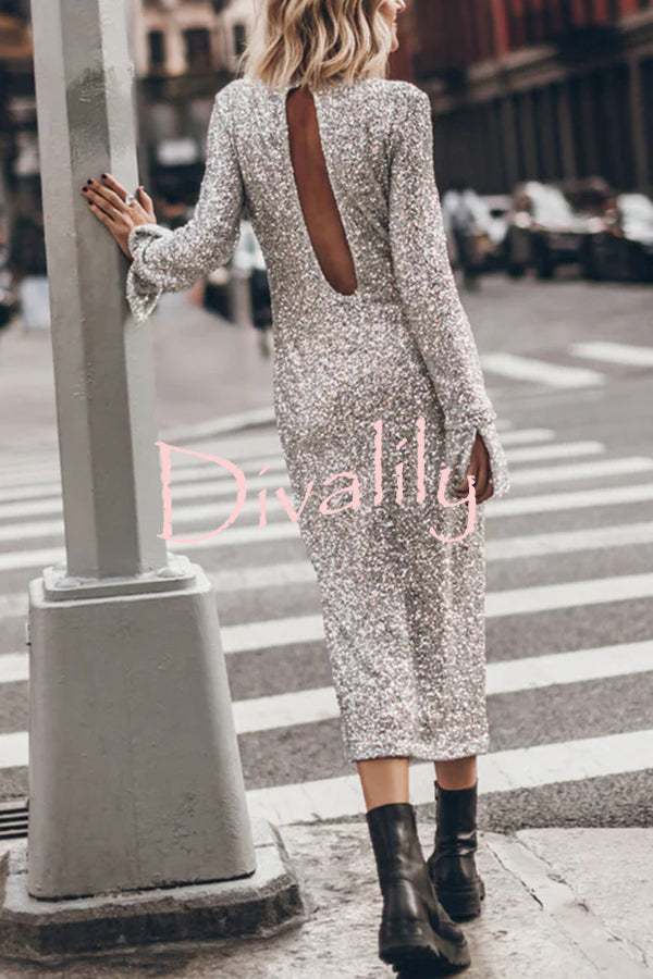 Ignite Sparkly Nights Sequin Extra Long Sleeve Open Back Loose Midi Dress