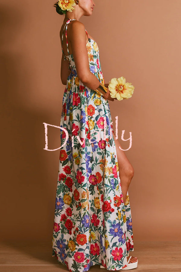 Garden Wedding Floral Print Back Tie-up Pocketed Slit Maxi Dress