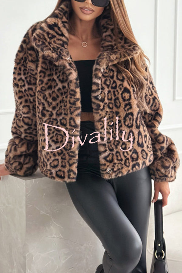 Stylish Leopard Print Lapel Long Sleeve Short Coat