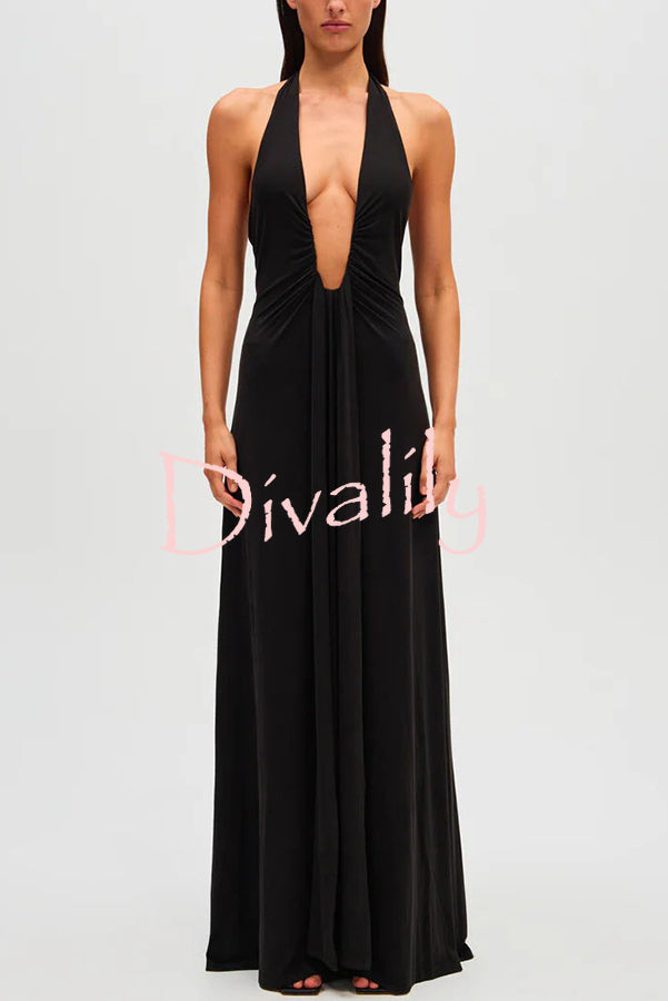 Sexy Silhouette Deep U-neck Halter Waterfall Sash Drape Maxi Dress