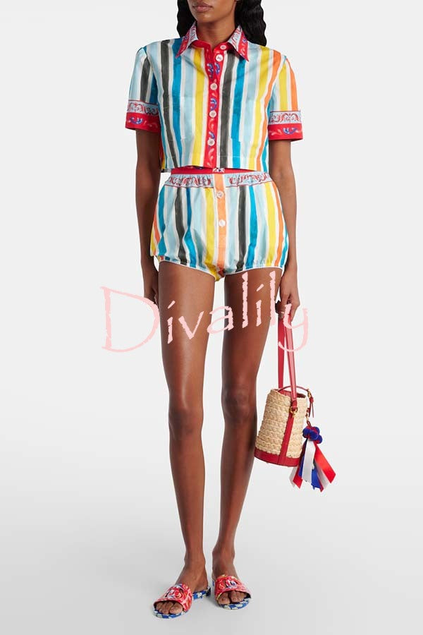 Rainbow Mood Unique Print Short Sleeve Crop Shirt and Elastic Waist Loose Bloomers Set