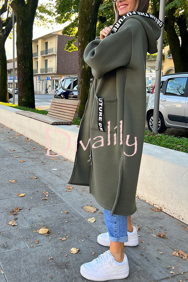 Fashionable and Casual Hooded Zipper Pocket Loose Long Coat