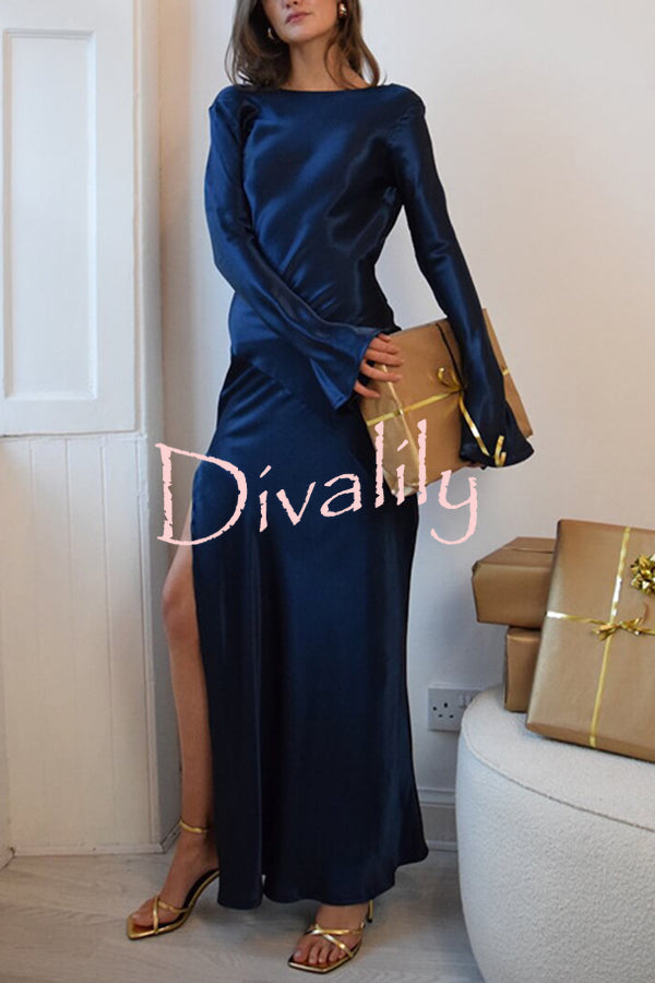 Satin Elegant Long-sleeved Open-back Slim-fit Slit Maxi Dress