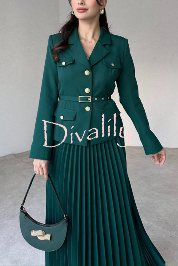 Solid Color Lapel Button Belt Blazer and Pleated Casual Maxi Skirt Set