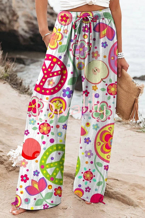 Colorful Printed Elastic Waist Drawstring Pocket Casual Pants