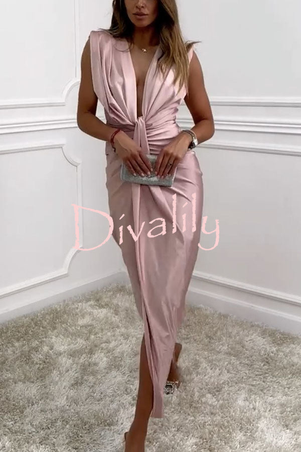 Classic and Sexy Dates V-neck Ruched Drape Slit Midi Dress