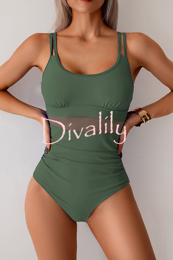 Fashion Waist Mesh Stretch One-piece Swimsuit