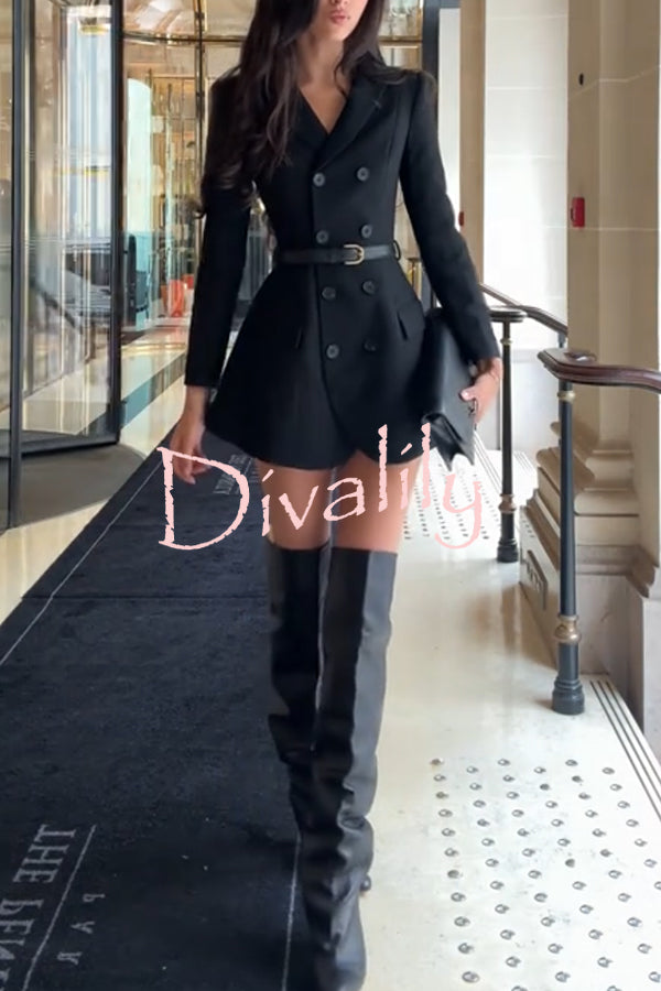 Parisian Style Double-breasted Long Sleeve Flare Hem Lapel Blazer Mini Dress