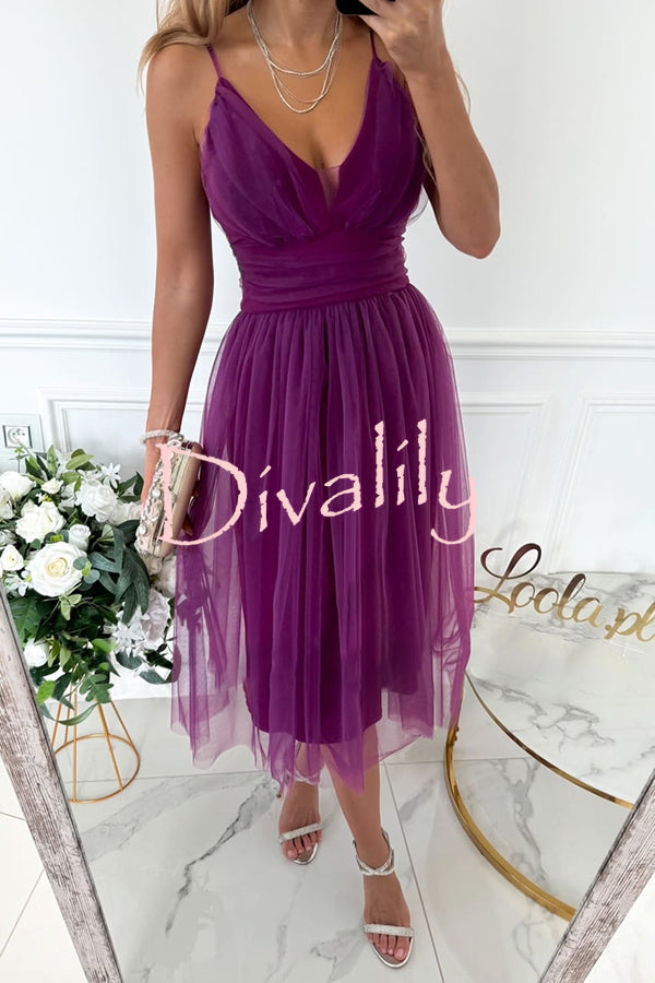 Stylish Luxury Tulle Ruched Waist Pleated Slip Formal Midi Dress