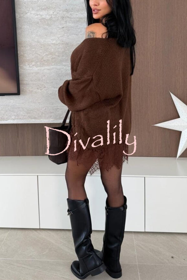 Comfy and Sweet Knit Lace Patchwork Hem Wide Neck Long Sleeve Loose Sweater