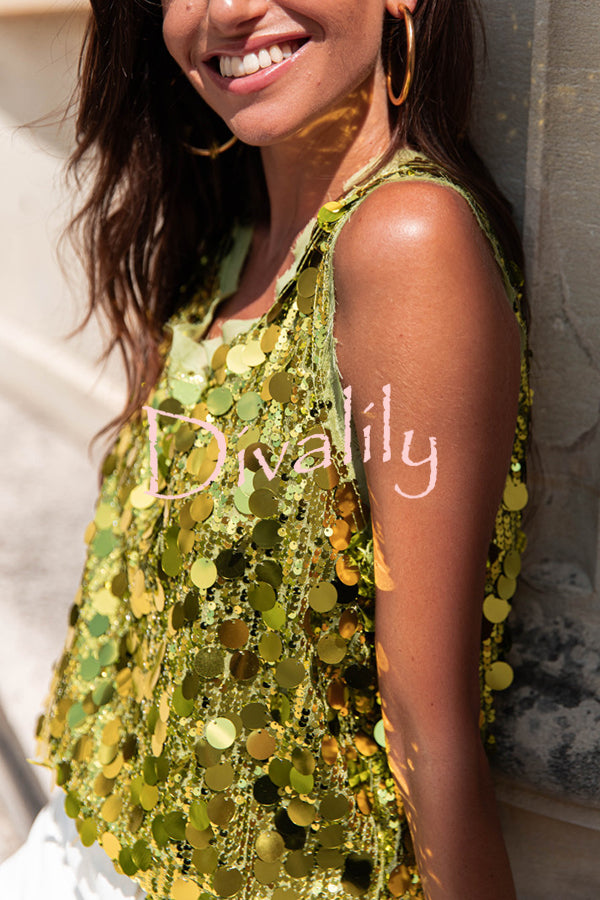 Fashionable Sequined Round Neck Sleeveless Loose Vest