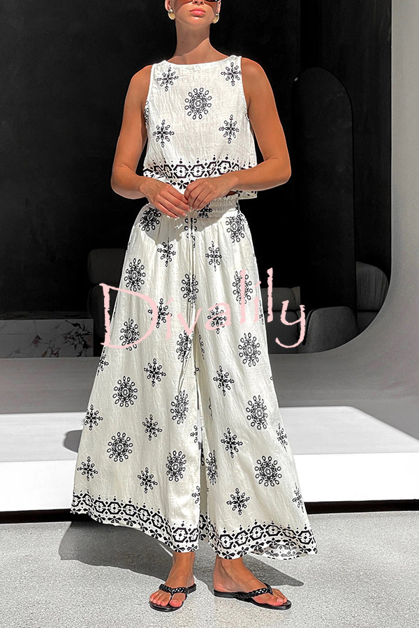 Unique Printed Round Neck Sleeveless Button Top and Elastic Waist Pocket Wide Leg Pants Set