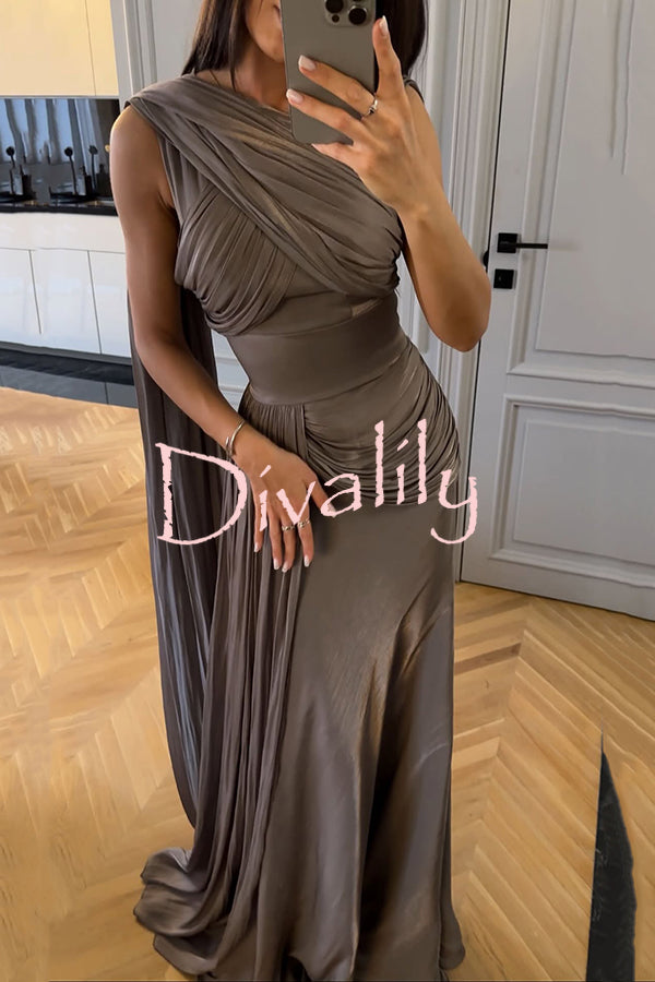 Solid Color Satin Sleeveless Waist Elegant Pleated Ribbon Maxi Dress