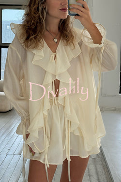 Solid Ruffled Lace-up Casual Top and Elastic Waisted Loose Pocket Shorts Set