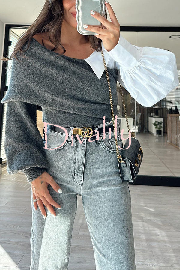 Stylish Patchwork Contrasting Long-sleeved V-neck Casual Sweater