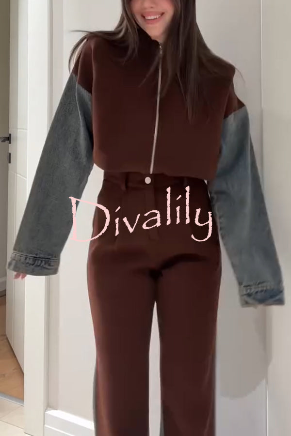 Sports Fashion Denim Patchwork Sweatshirt Fabric Zipper Long Sleeve Loose Jacket
