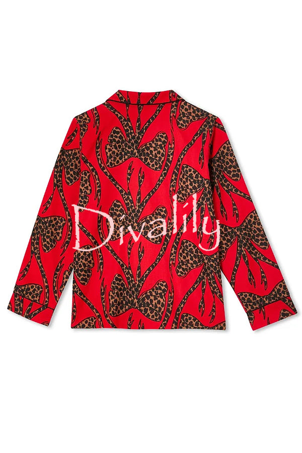 Stylish Colorblock Leopard Print Loose Shirt and Elastic Waist Pocketed Pajama Set