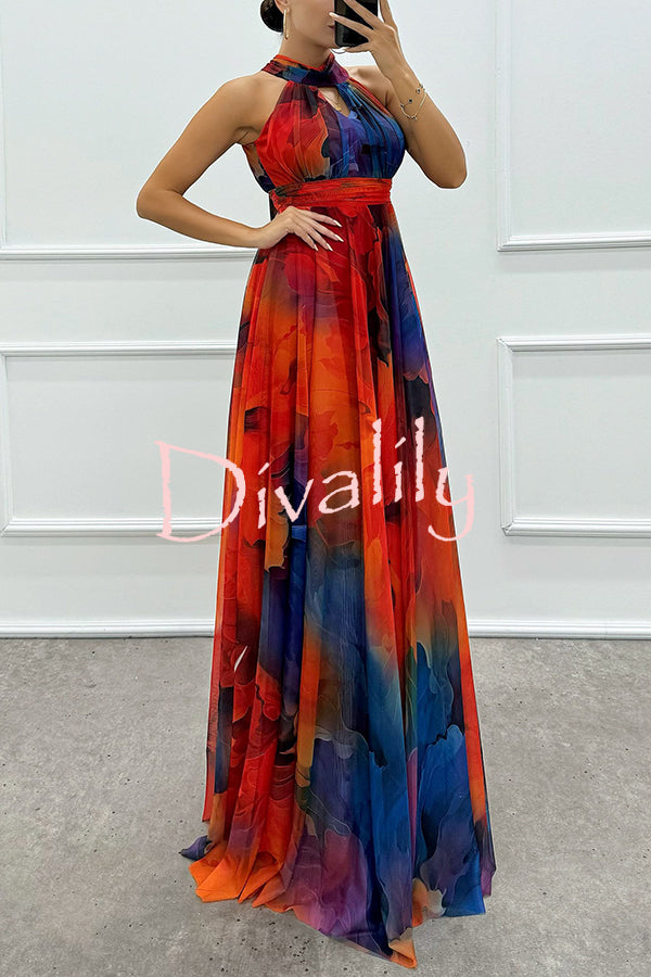 Elaine Tulle Floral Splash Print Cutout Halter Tie-up Neck Gown Maxi Dress