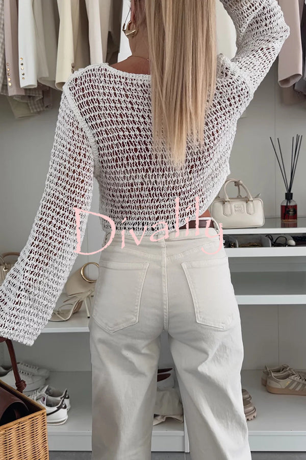 Fashion Knitted Hollow Long Sleeve Round Neck Holiday Cover Up