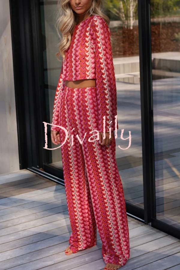 Tamia Knit Colorful Wave Unique Print Crop Top and Stretch Wide Leg Pants Set