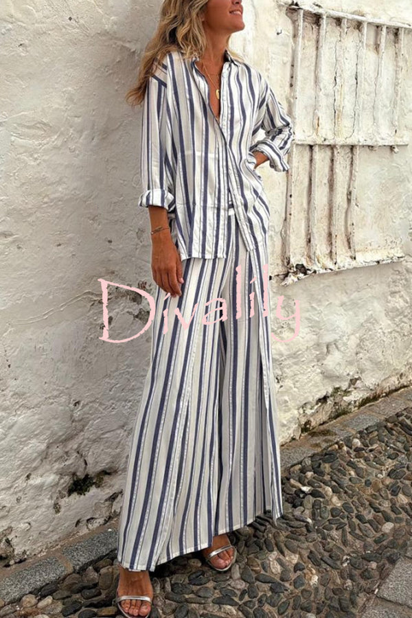 Gian Striped Print Loose Shirt and Back Elastic Waist Slit Pants Set