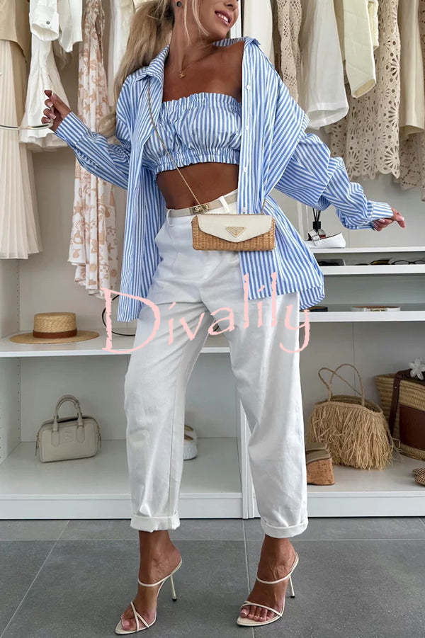 Zoie Striped Stretch Bandeau + Elastic Waist Pocket Shorts + Oversized Blouse 3 Pieces Set