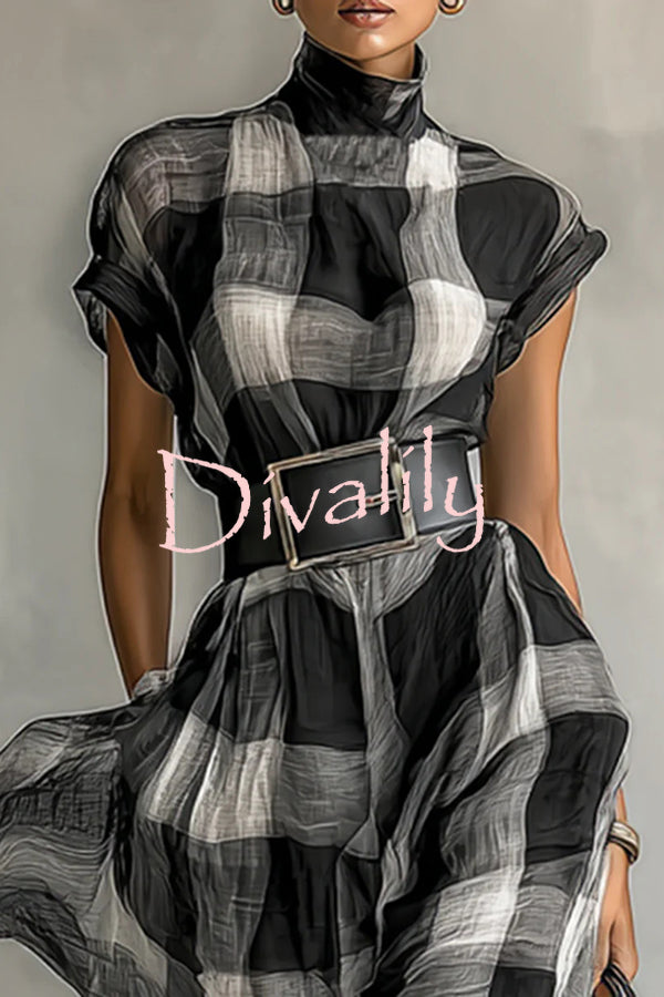 Fashionable Plaid Print High Neck Short Sleeve Elegant Maxi Dress