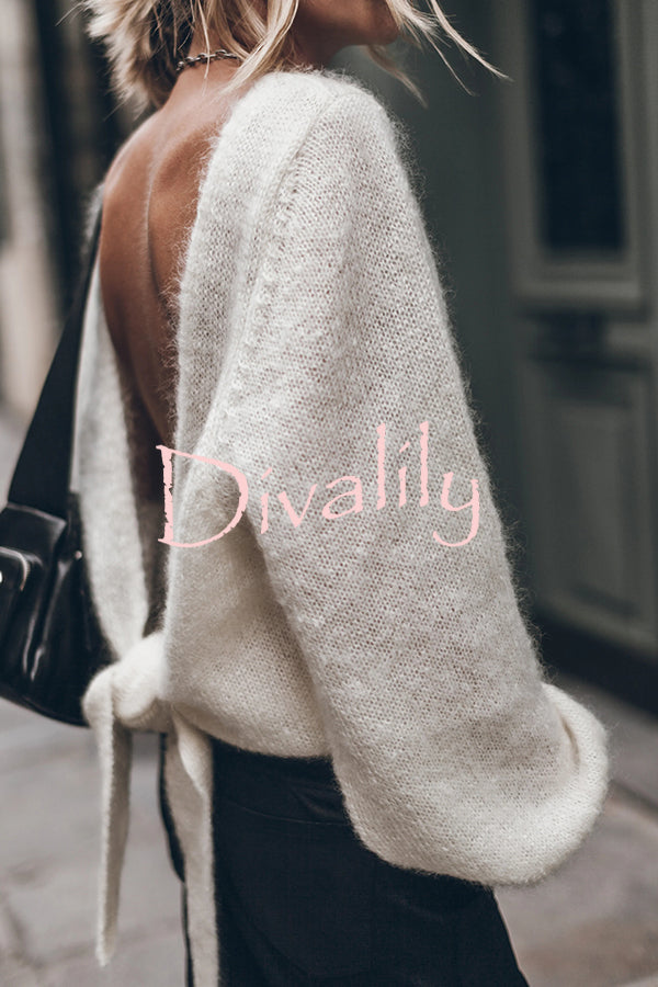 Chunky Season Knit Mohair-blend Long Sleeve Open Back Knot Design Loose Sweater