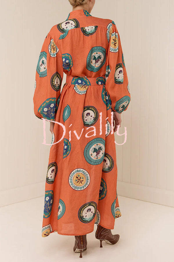 Linen Blend Unique Print Belted Single-breasted Casual Maxi Dress