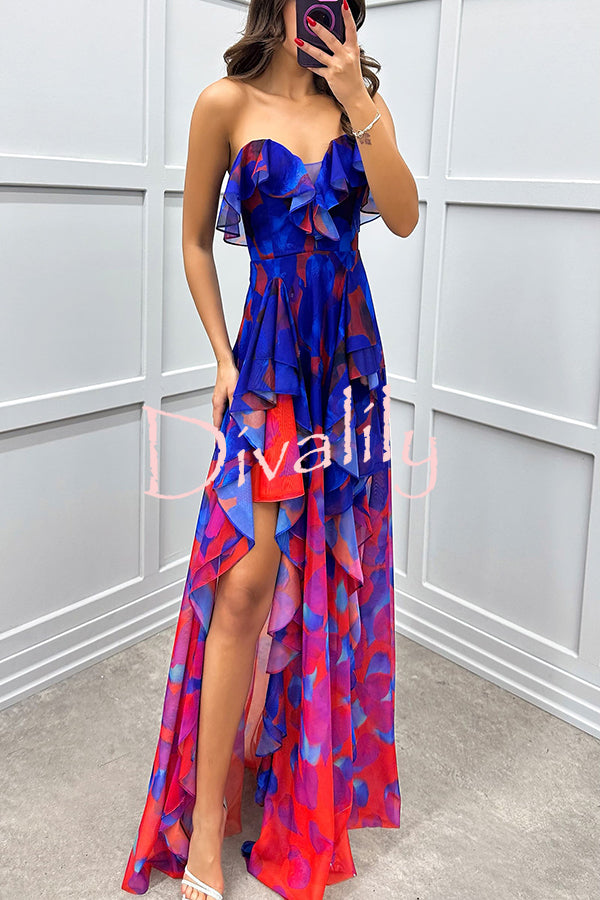 Loving Moment Gradient Unique Print Flowing Layered Ruffles Strapless Slit Maxi Dress