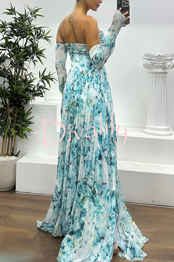 Reina Chiffon Floral Print Pleated Bodice Split Sleeve Strapless Slit Maxi Dress