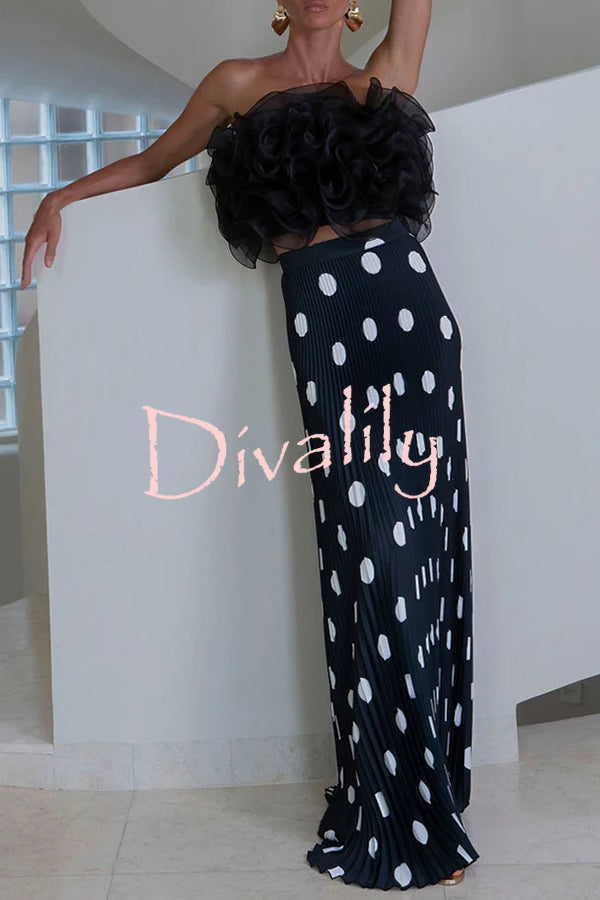 Eye-catching Satin Pleated Poka Dot Print High Rise Drape Maxi Skirt