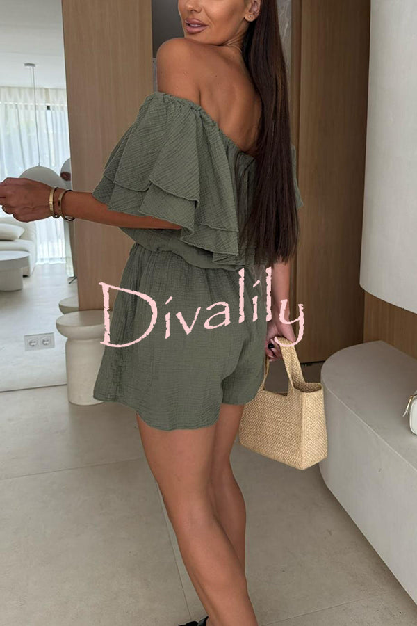 Solid Color Off-shoulder Ruffled Casual Waist Rompers