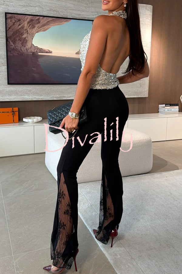 Dazzling Night Sequin Halter Cowl Neck Backless Tank