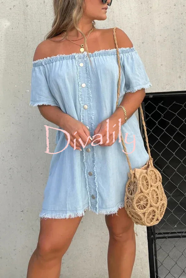 Fashionable Off Shoulder Short-sleeved Loose Denim Mini Dress