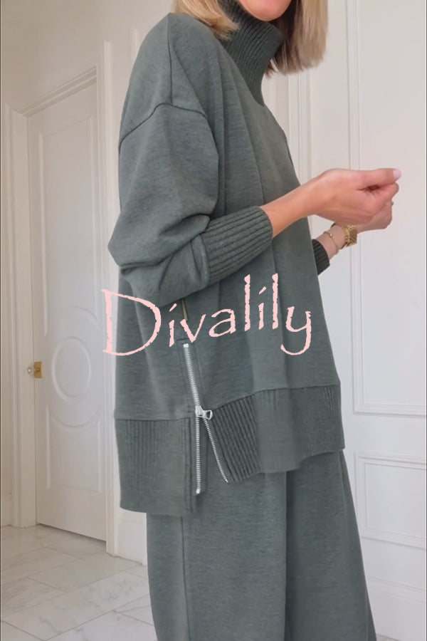 Barker High-Neck Long Sleeve Side Zipper Sweatshirt and Elastic Waist Pocketed Loose Pants Set