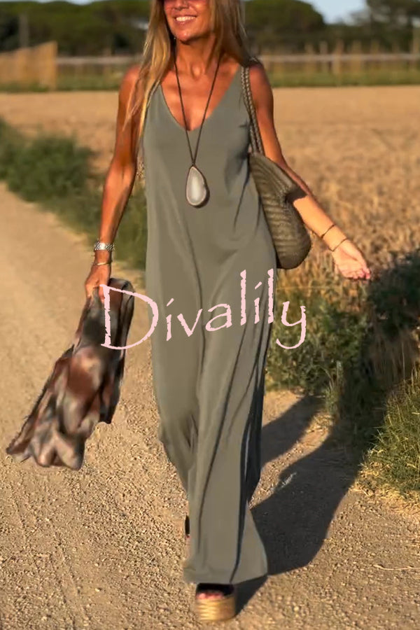Solid Color V-neck Sleeveless Casual Loose Maxi Dress
